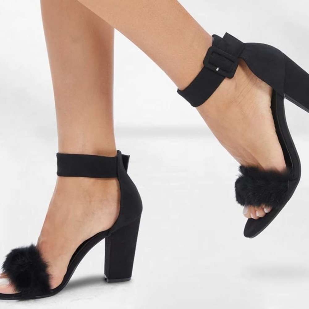 New JIU DU Fluffy Feather Faux Fur Open Toe Dress Sandals Size 39 (8.5M) Black